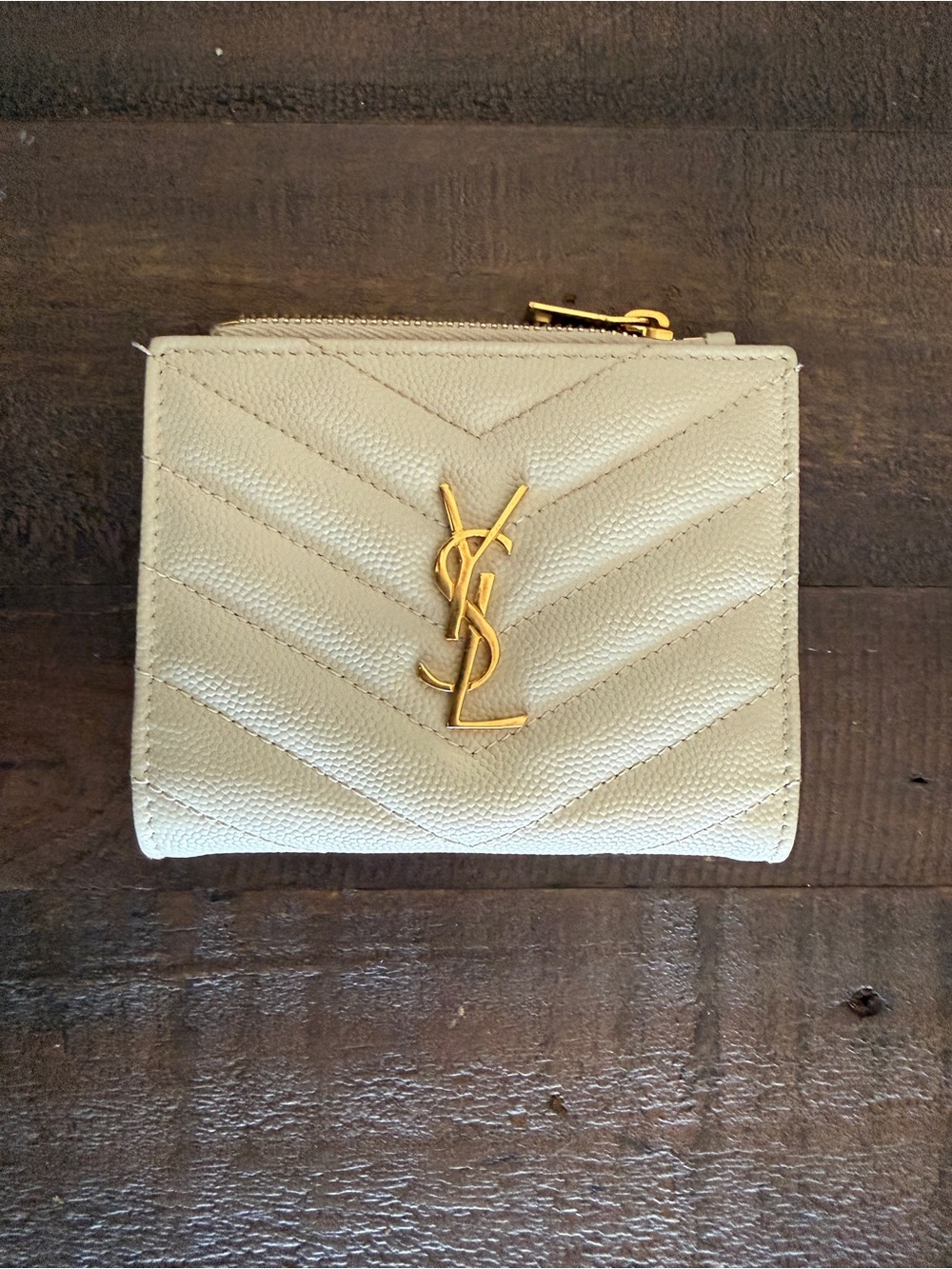 Saint Laurent Cream Quilted Leather YSL Zip Wallet